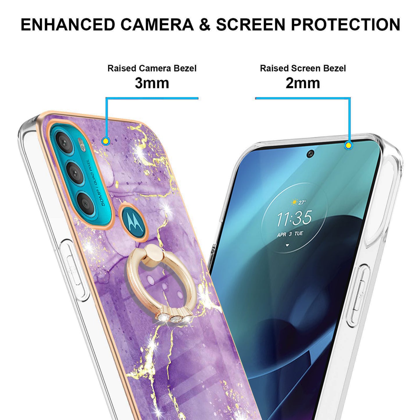 YB IMD Series-10 for Motorola Moto G71 5G Ring Kickstand Design Anti-scratch IMD Marble Pattern Electroplating Frame TPU Cell Phone Case Cover