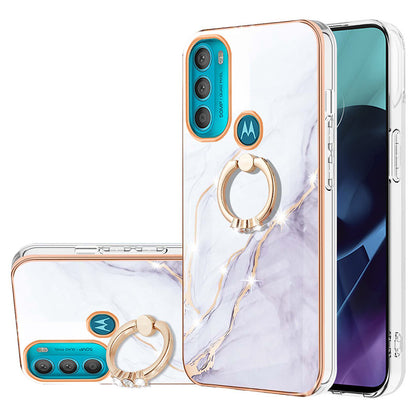 YB IMD Series-10 for Motorola Moto G71 5G Ring Kickstand Design Anti-scratch IMD Marble Pattern Electroplating Frame TPU Cell Phone Case Cover