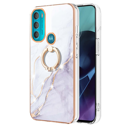 YB IMD Series-10 for Motorola Moto G71 5G Ring Kickstand Design Anti-scratch IMD Marble Pattern Electroplating Frame TPU Cell Phone Case Cover