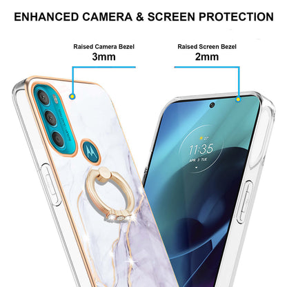 YB IMD Series-10 for Motorola Moto G71 5G Ring Kickstand Design Anti-scratch IMD Marble Pattern Electroplating Frame TPU Cell Phone Case Cover