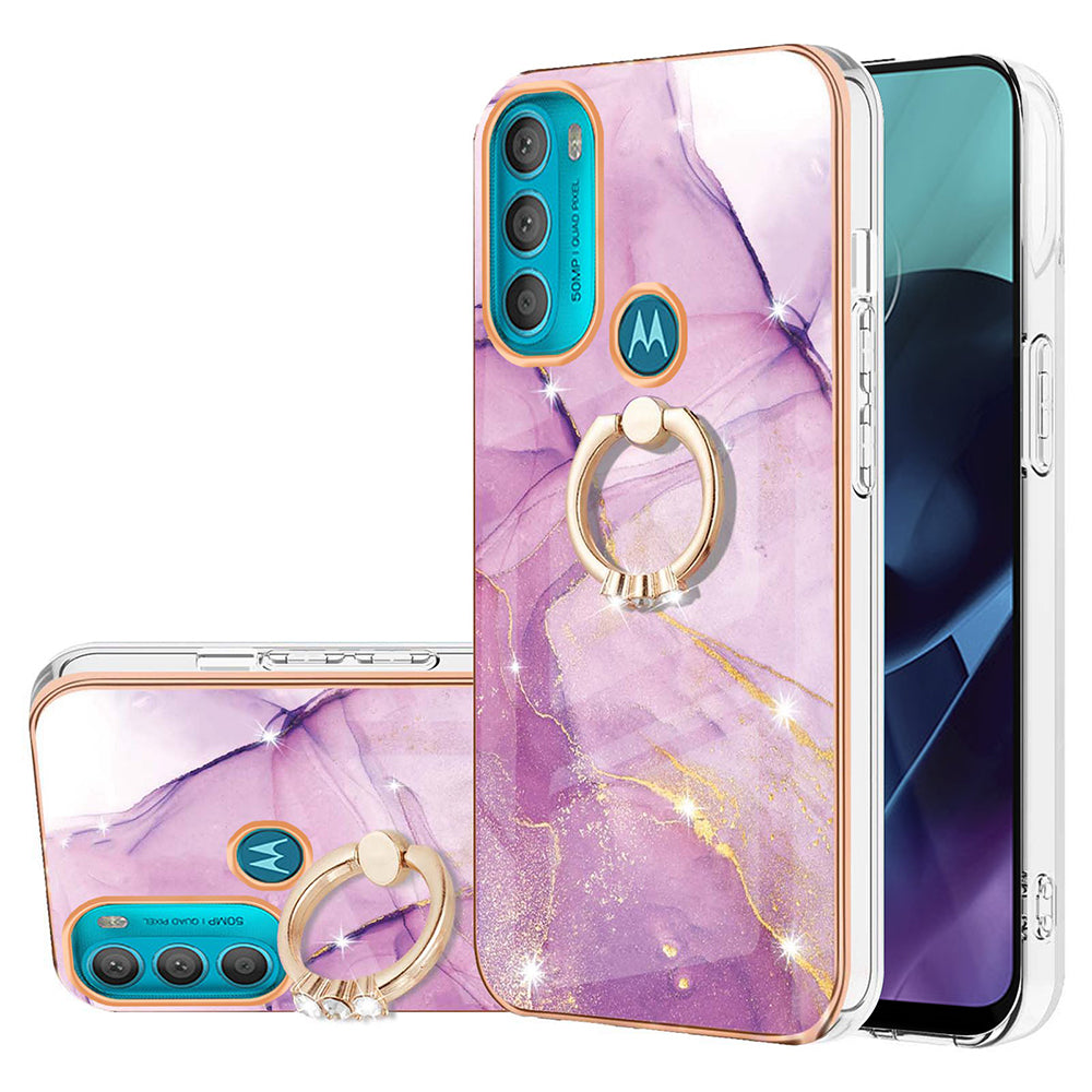 YB IMD Series-10 for Motorola Moto G71 5G Ring Kickstand Design Anti-scratch IMD Marble Pattern Electroplating Frame TPU Cell Phone Case Cover