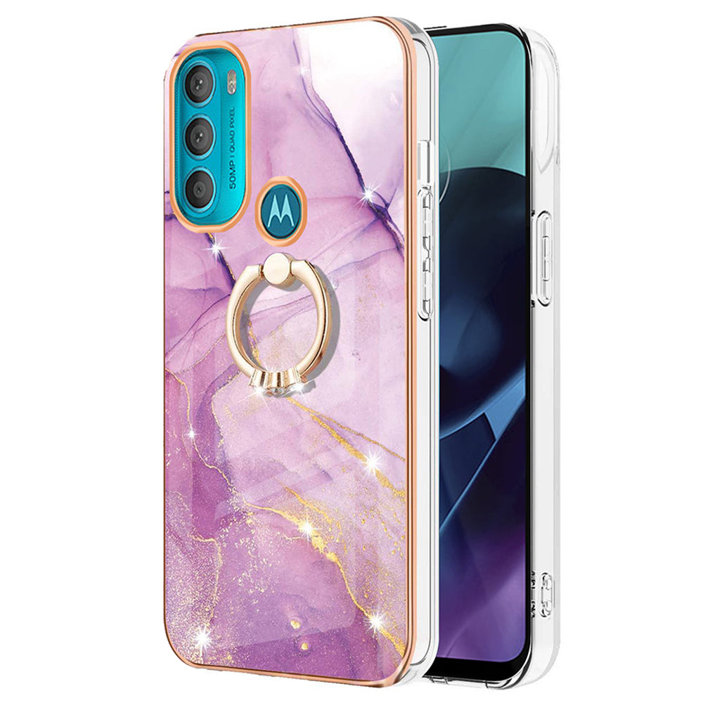 YB IMD Series-10 for Motorola Moto G71 5G Ring Kickstand Design Anti-scratch IMD Marble Pattern Electroplating Frame TPU Cell Phone Case Cover