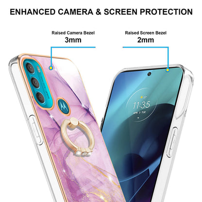 YB IMD Series-10 for Motorola Moto G71 5G Ring Kickstand Design Anti-scratch IMD Marble Pattern Electroplating Frame TPU Cell Phone Case Cover