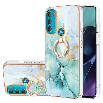 YB IMD Series-10 for Motorola Moto G71 5G Ring Kickstand Design Anti-scratch IMD Marble Pattern Electroplating Frame TPU Cell Phone Case Cover