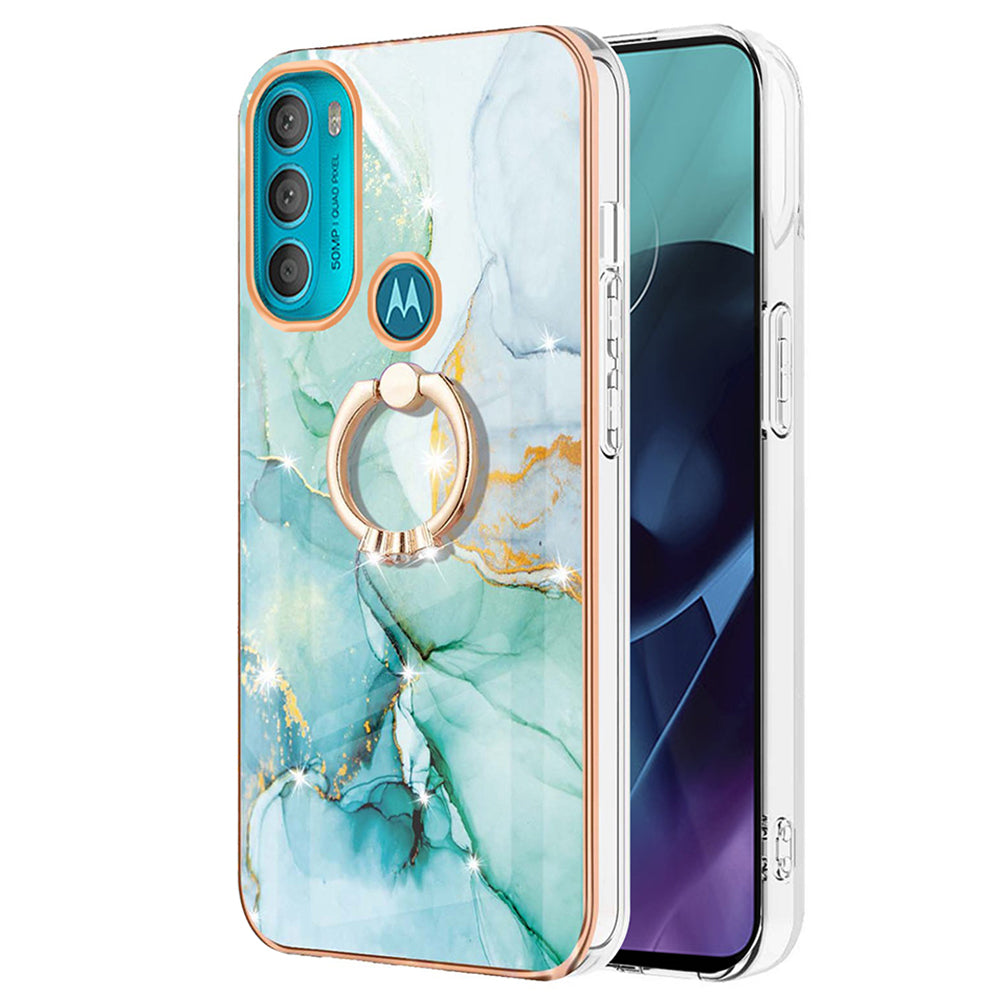 YB IMD Series-10 for Motorola Moto G71 5G Ring Kickstand Design Anti-scratch IMD Marble Pattern Electroplating Frame TPU Cell Phone Case Cover