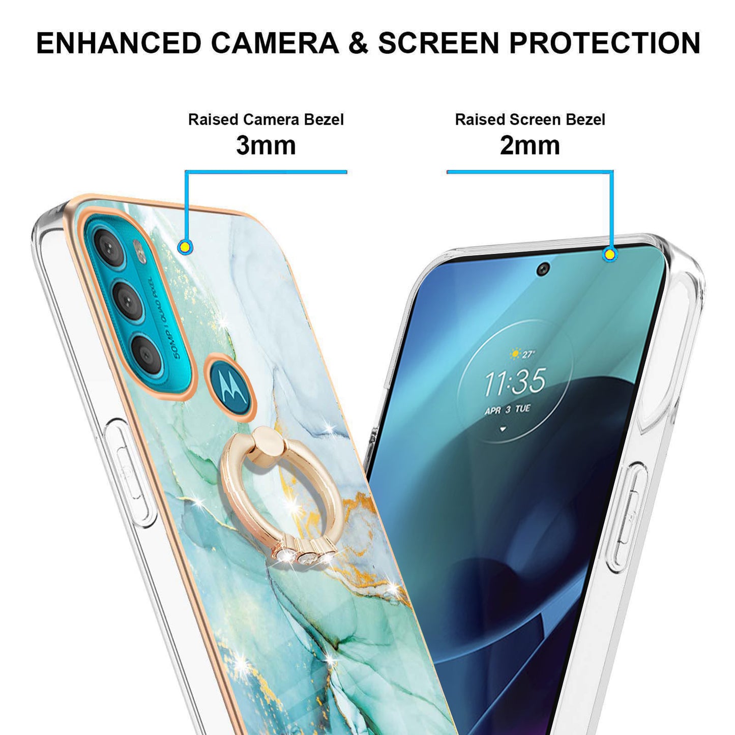 YB IMD Series-10 for Motorola Moto G71 5G Ring Kickstand Design Anti-scratch IMD Marble Pattern Electroplating Frame TPU Cell Phone Case Cover