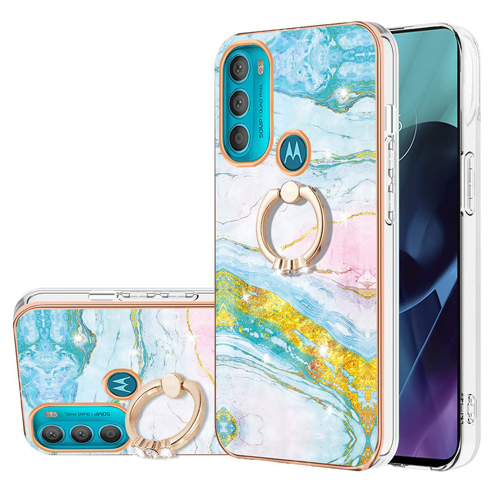 YB IMD Series-10 for Motorola Moto G71 5G Ring Kickstand Design Anti-scratch IMD Marble Pattern Electroplating Frame TPU Cell Phone Case Cover