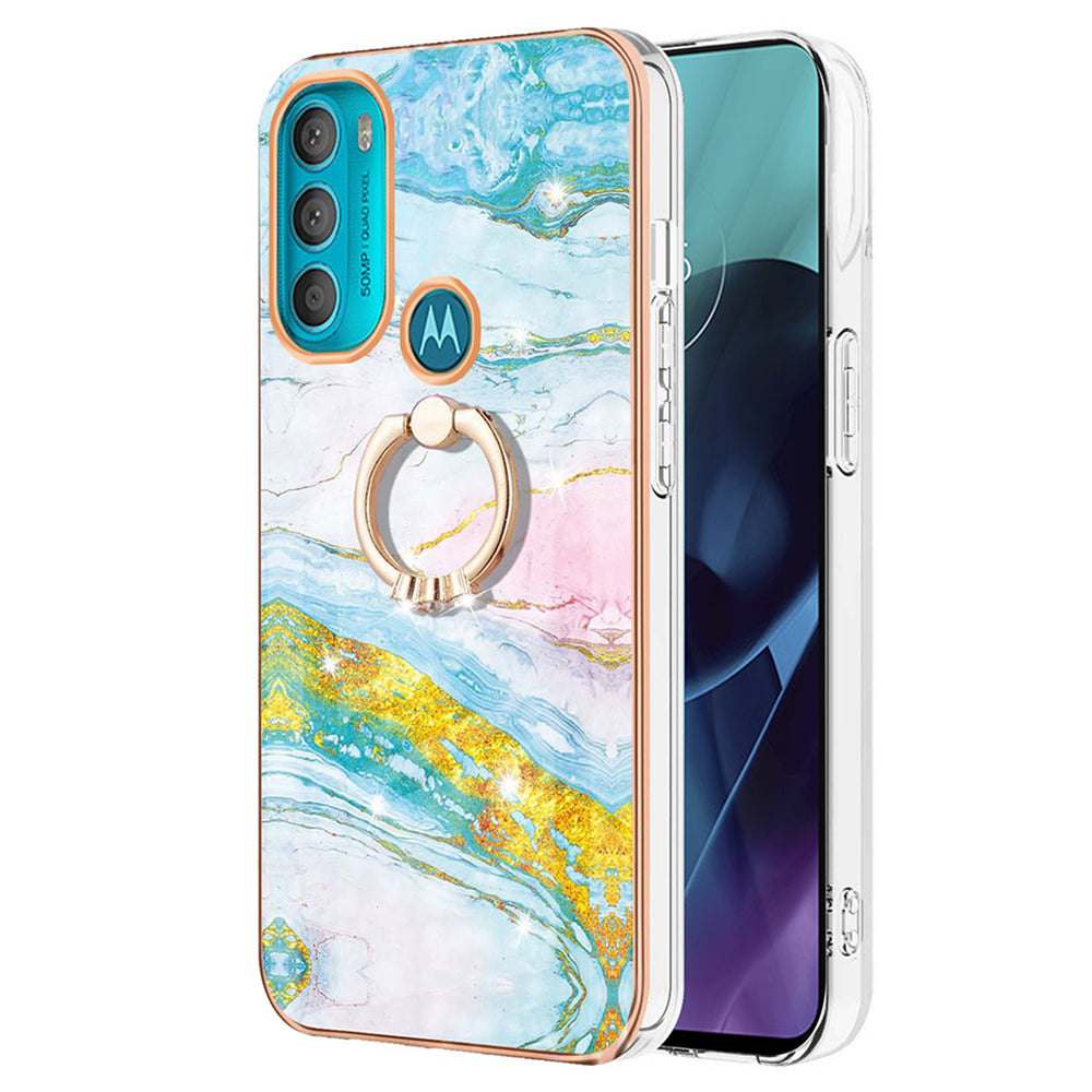 YB IMD Series-10 for Motorola Moto G71 5G Ring Kickstand Design Anti-scratch IMD Marble Pattern Electroplating Frame TPU Cell Phone Case Cover