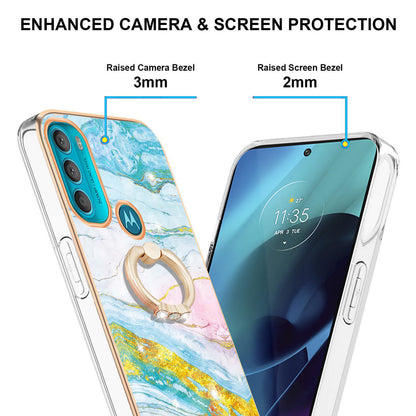 YB IMD Series-10 for Motorola Moto G71 5G Ring Kickstand Design Anti-scratch IMD Marble Pattern Electroplating Frame TPU Cell Phone Case Cover