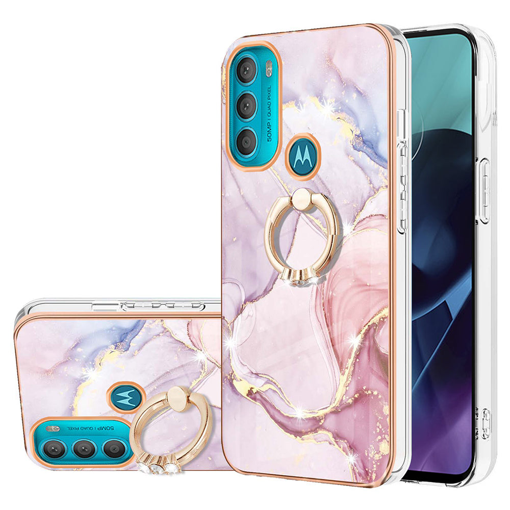 YB IMD Series-10 for Motorola Moto G71 5G Ring Kickstand Design Anti-scratch IMD Marble Pattern Electroplating Frame TPU Cell Phone Case Cover