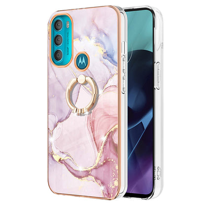 YB IMD Series-10 for Motorola Moto G71 5G Ring Kickstand Design Anti-scratch IMD Marble Pattern Electroplating Frame TPU Cell Phone Case Cover