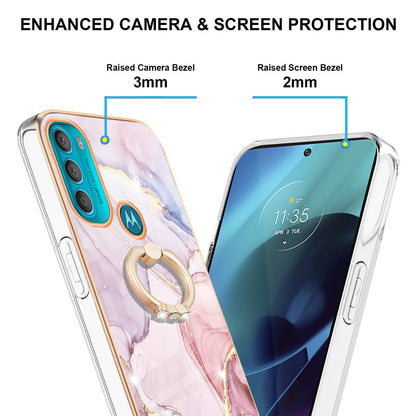 YB IMD Series-10 for Motorola Moto G71 5G Ring Kickstand Design Anti-scratch IMD Marble Pattern Electroplating Frame TPU Cell Phone Case Cover