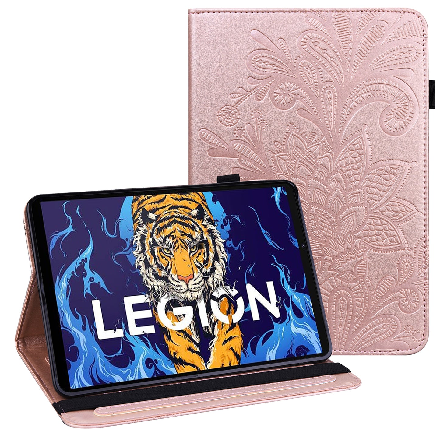 For Lenovo Legion Y700 Flower Imprinting Auto Wake/Sleep Stand Tablet Cover Leather Case with Wallet Function