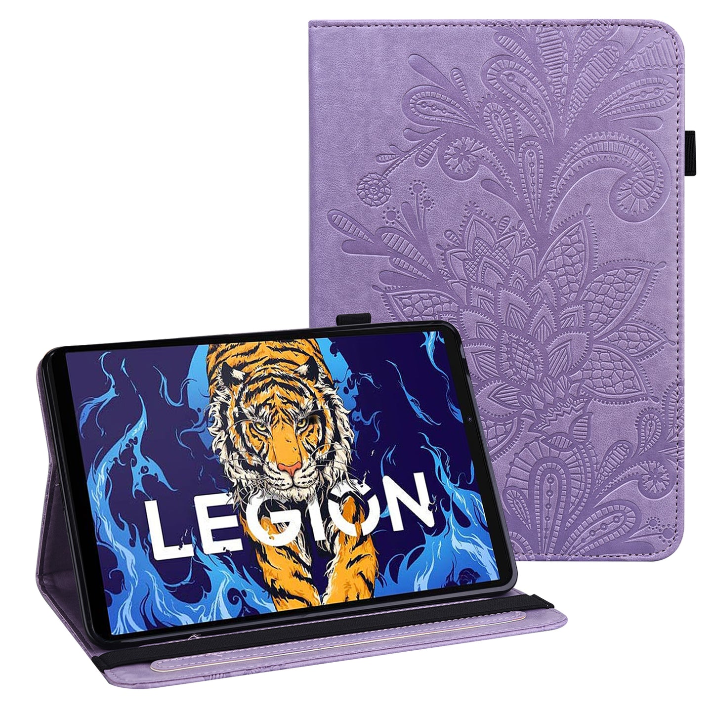 For Lenovo Legion Y700 Flower Imprinting Auto Wake/Sleep Stand Tablet Cover Leather Case with Wallet Function