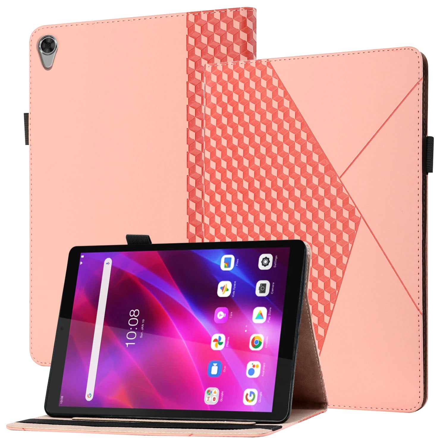 For Lenovo Tab M8 (3rd Gen)/Motorola Tab G20 Rhombus Imprinting Design Elastic Band Anti-scratch Leather Folding Stand Case with Card Slots