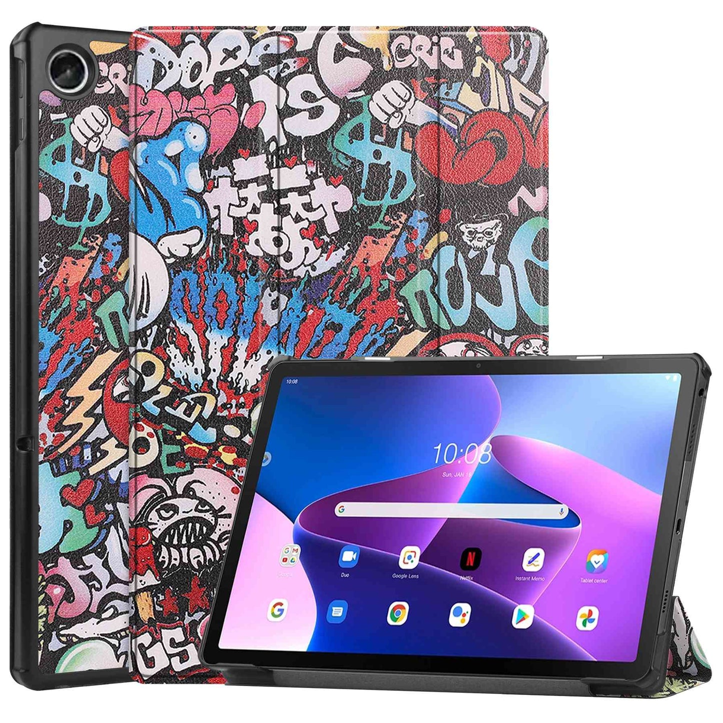 For Lenovo Tab M10 Plus (Gen 3) Pattern Printing Tri-fold Stand PU Leather Tablet Case with Auto Sleep/Wake