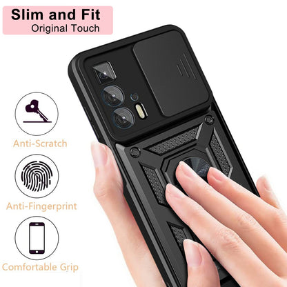 For Motorola Edge 20 Pro Hard PC + TPU Dual Layer Armor Phone Case Slide Lens Protection  Kickstand Scratch-Resistant Cover with Built-in Rotate Magnetic Metal Sheet