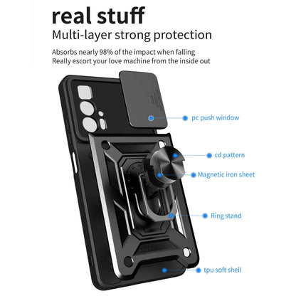 For Motorola Edge 20 Pro Hard PC + TPU Dual Layer Armor Phone Case Slide Lens Protection  Kickstand Scratch-Resistant Cover with Built-in Rotate Magnetic Metal Sheet