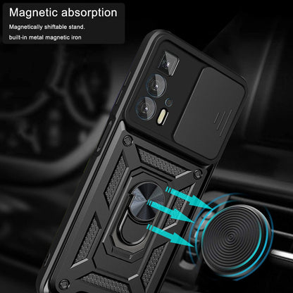 For Motorola Edge 20 Pro Hard PC + TPU Dual Layer Armor Phone Case Slide Lens Protection  Kickstand Scratch-Resistant Cover with Built-in Rotate Magnetic Metal Sheet