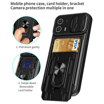 Kickstand PC + TPU Back Case for Motorola Edge 20 Lite, Card Holder Phone Cover with Slide Camera Protection