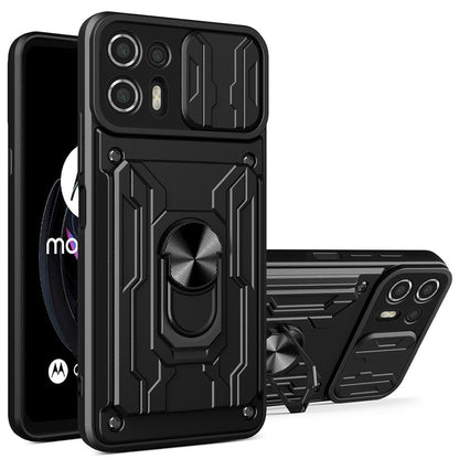 Kickstand PC + TPU Back Case for Motorola Edge 20 Lite, Card Holder Phone Cover with Slide Camera Protection