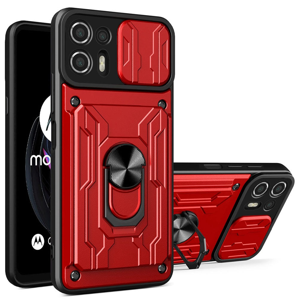 Kickstand PC + TPU Back Case for Motorola Edge 20 Lite, Card Holder Phone Cover with Slide Camera Protection