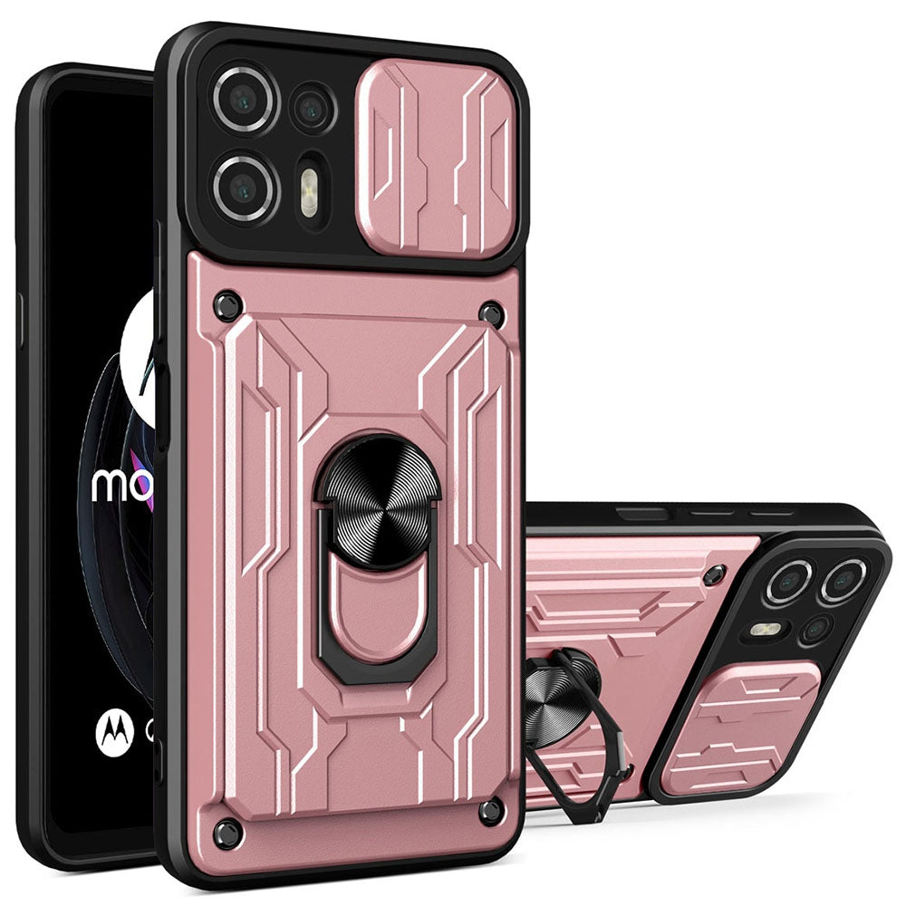 Kickstand PC + TPU Back Case for Motorola Edge 20 Lite, Card Holder Phone Cover with Slide Camera Protection