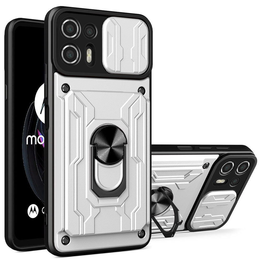 Kickstand PC + TPU Back Case for Motorola Edge 20 Lite, Card Holder Phone Cover with Slide Camera Protection