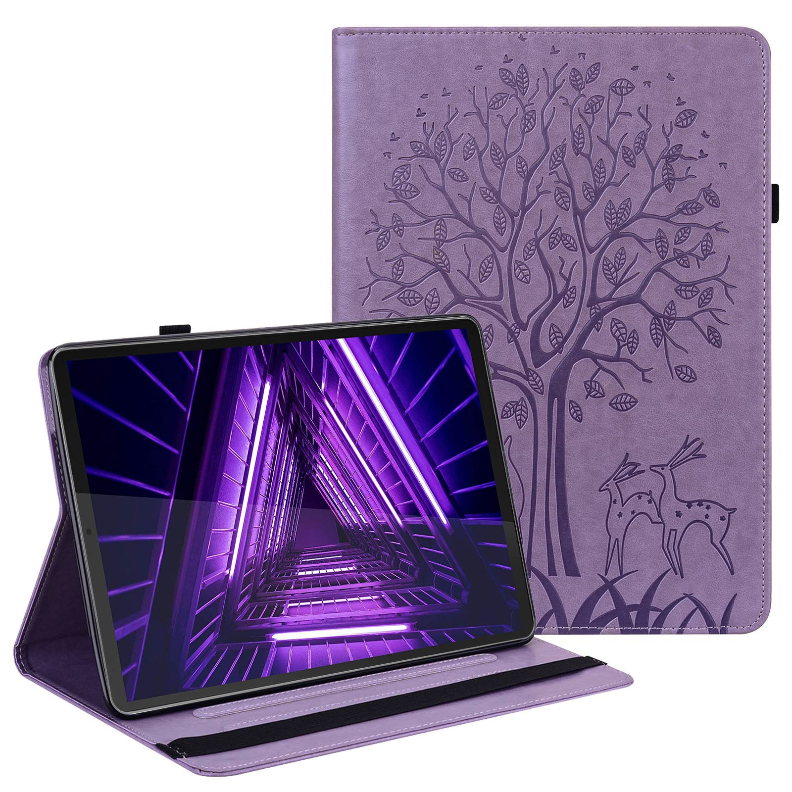 For Lenovo Tab M10 Plus (Gen 3) Imprinting Tree Deer Pattern Tablet Case PU Leather Card Slots Stand Shell