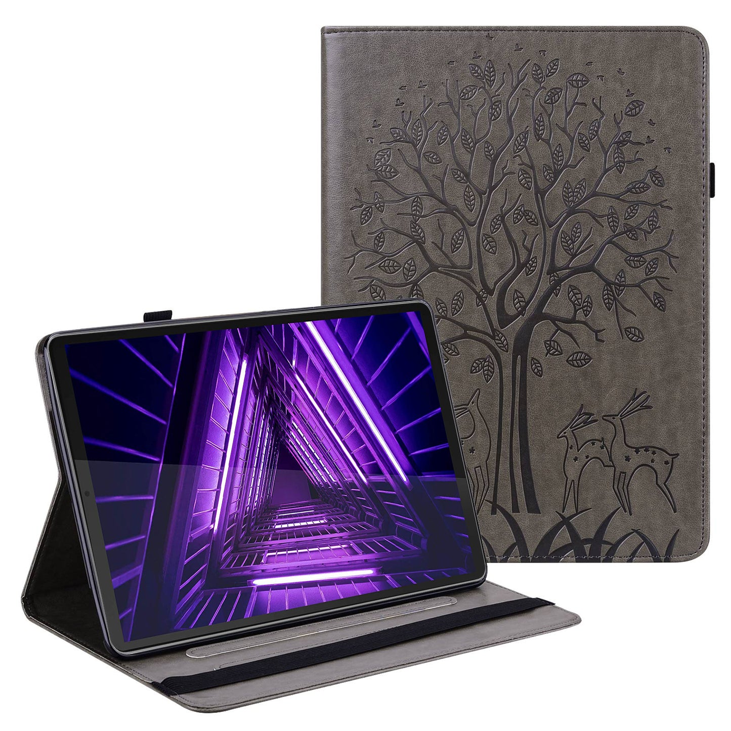 For Lenovo Tab M10 Plus (Gen 3) Imprinting Tree Deer Pattern Tablet Case PU Leather Card Slots Stand Shell