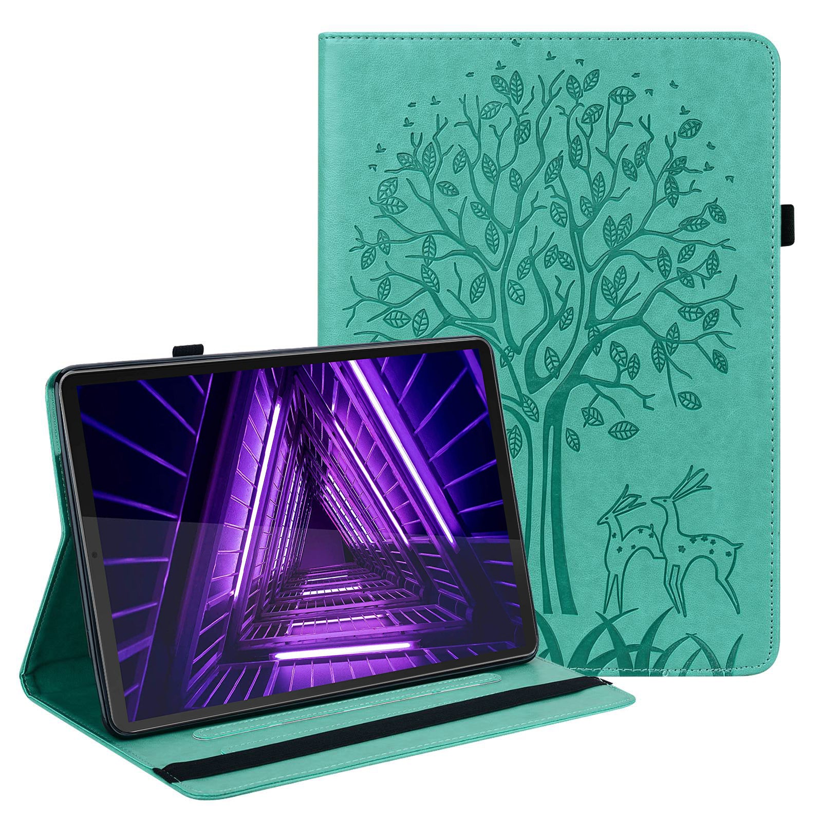 For Lenovo Tab M10 Plus (Gen 3) Imprinting Tree Deer Pattern Tablet Case PU Leather Card Slots Stand Shell