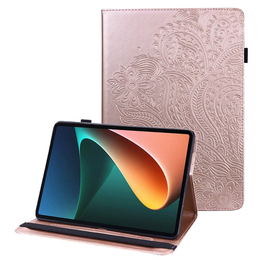 For Lenovo Tab M10 Plus (Gen 3) Imprinting Flower PU Leather Tablet Case Elastic Band Protective Cover with Card Holder Stand