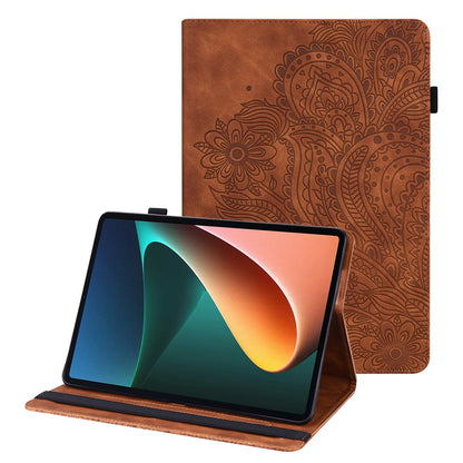 For Lenovo Tab M10 Plus (Gen 3) Imprinting Flower PU Leather Tablet Case Elastic Band Protective Cover with Card Holder Stand