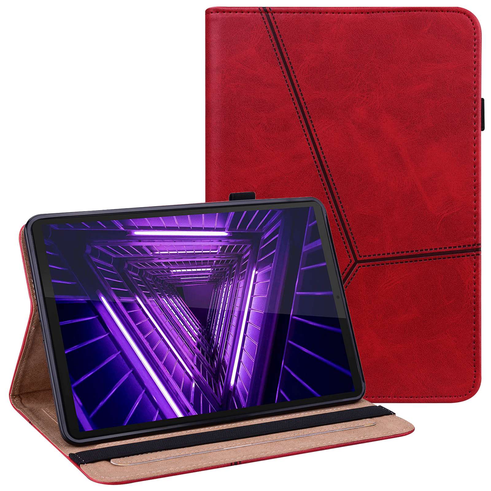 For Lenovo Tab M10 Plus (Gen 3) Line Imprinted PU Leather Card Holder Tablet Case Adjustable Stand Cover with Elastic Band Closure