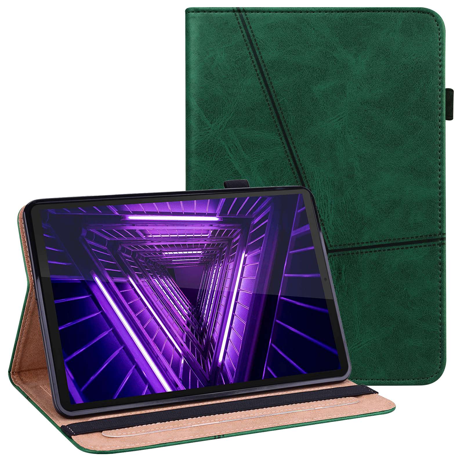 For Lenovo Tab M10 Plus (Gen 3) Line Imprinted PU Leather Card Holder Tablet Case Adjustable Stand Cover with Elastic Band Closure