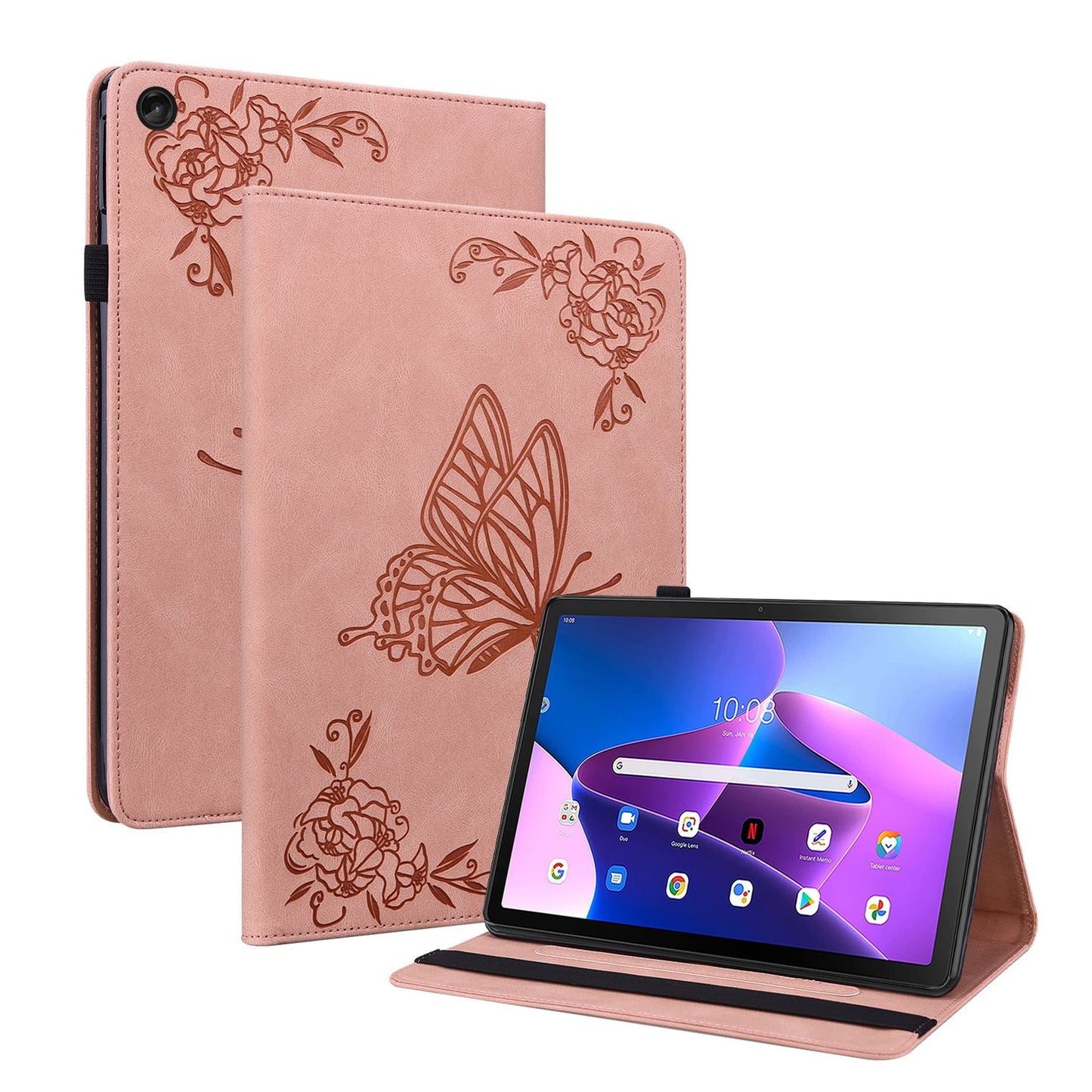 For Lenovo Tab M10 Plus (Gen 3) Butterfly Flower Imprinted Card Slot PU Leather Tablet Case Stand Cover with Elastic Band