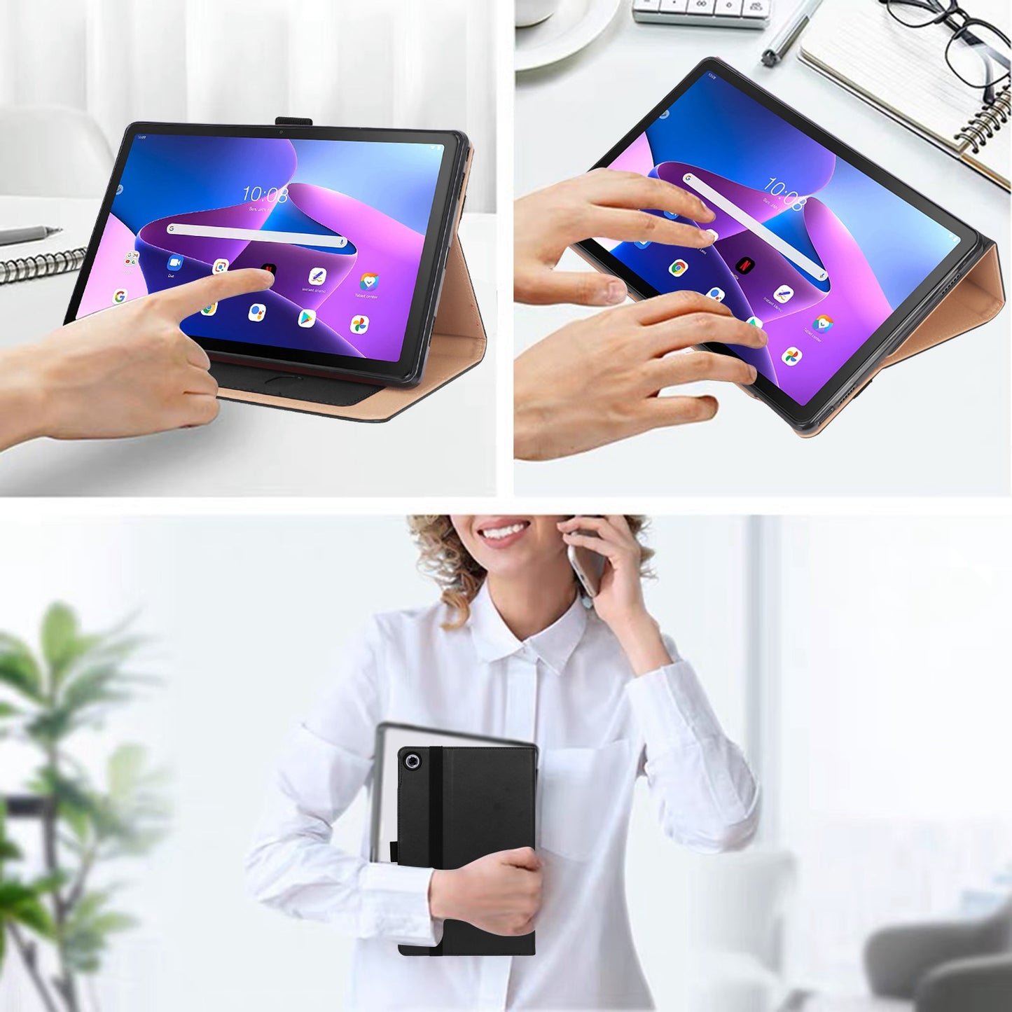 Leather Case for Lenovo Tab M10 Plus (Gen 3), Business Style Card Slots PU Leather Stand Tablet Cover with Hand Strap