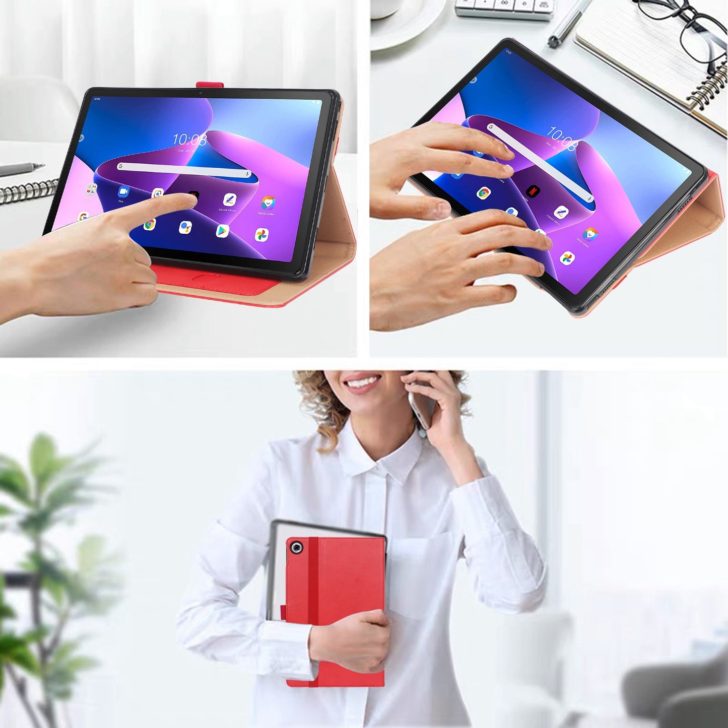 Leather Case for Lenovo Tab M10 Plus (Gen 3), Business Style Card Slots PU Leather Stand Tablet Cover with Hand Strap