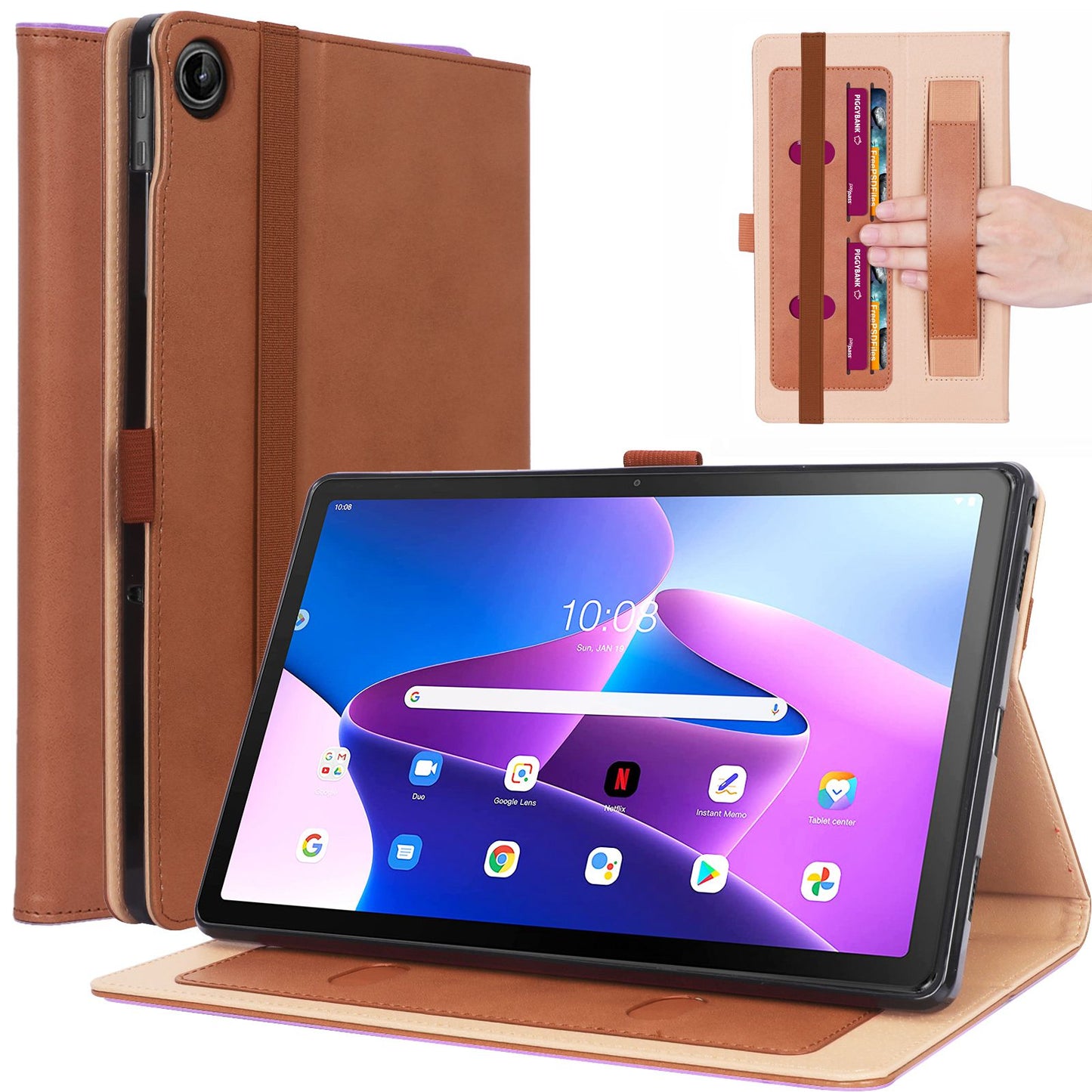 Leather Case for Lenovo Tab M10 Plus (Gen 3), Business Style Card Slots PU Leather Stand Tablet Cover with Hand Strap