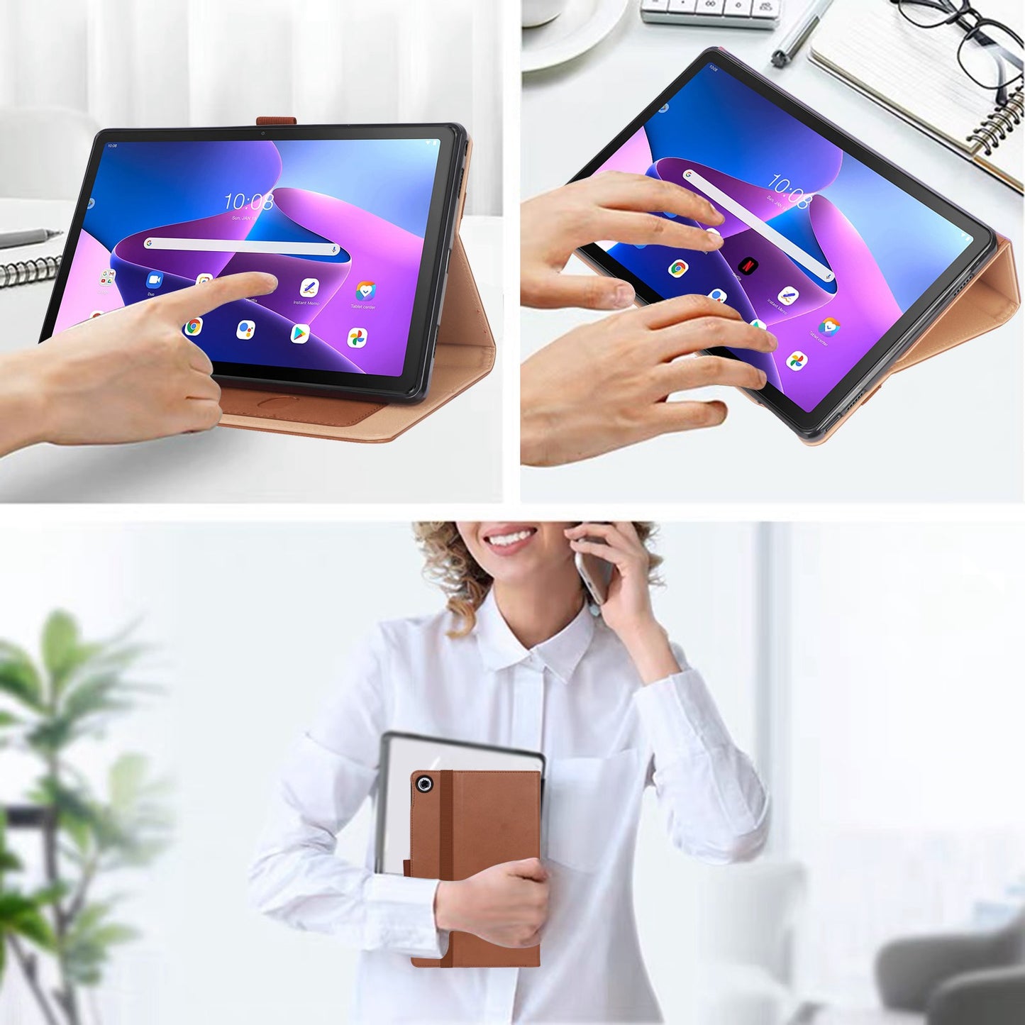 Leather Case for Lenovo Tab M10 Plus (Gen 3), Business Style Card Slots PU Leather Stand Tablet Cover with Hand Strap