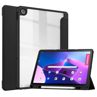 For Lenovo Tab M10 Plus (Gen 3) Auto Sleep/Wake Function Slim Light Tri-fold Stand PU Leather Tablet Case TPU + Transparent Acrylic Back Cover with Pen Slot