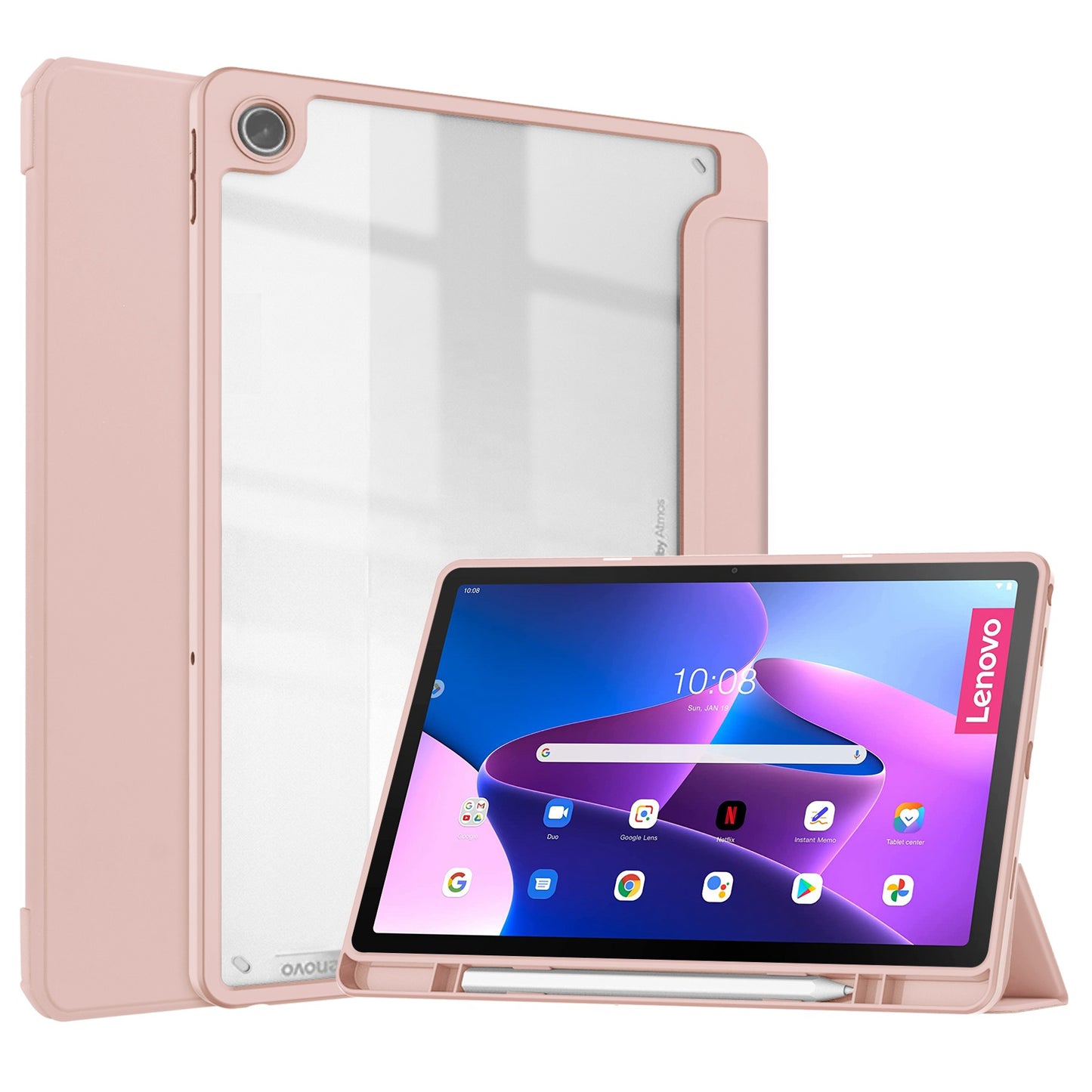 For Lenovo Tab M10 Plus (Gen 3) Auto Sleep/Wake Function Slim Light Tri-fold Stand PU Leather Tablet Case TPU + Transparent Acrylic Back Cover with Pen Slot