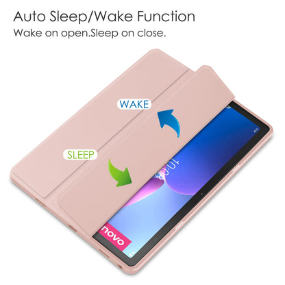 For Lenovo Tab M10 Plus (Gen 3) Auto Sleep/Wake Function Slim Light Tri-fold Stand PU Leather Tablet Case TPU + Transparent Acrylic Back Cover with Pen Slot