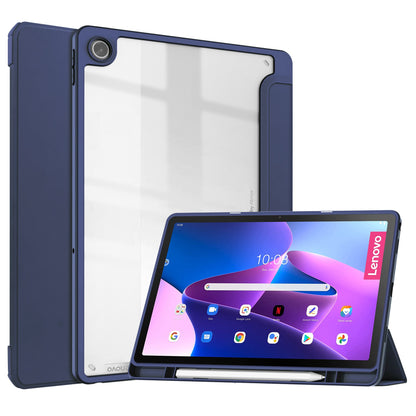 For Lenovo Tab M10 Plus (Gen 3) Auto Sleep/Wake Function Slim Light Tri-fold Stand PU Leather Tablet Case TPU + Transparent Acrylic Back Cover with Pen Slot