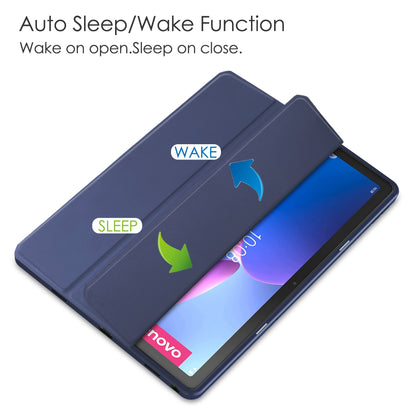 For Lenovo Tab M10 Plus (Gen 3) Auto Sleep/Wake Function Slim Light Tri-fold Stand PU Leather Tablet Case TPU + Transparent Acrylic Back Cover with Pen Slot