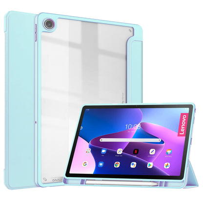 For Lenovo Tab M10 Plus (Gen 3) Auto Sleep/Wake Function Slim Light Tri-fold Stand PU Leather Tablet Case TPU + Transparent Acrylic Back Cover with Pen Slot