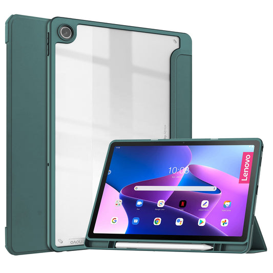 For Lenovo Tab M10 Plus (Gen 3) Auto Sleep/Wake Function Slim Light Tri-fold Stand PU Leather Tablet Case TPU + Transparent Acrylic Back Cover with Pen Slot