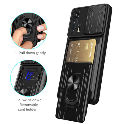 PC + TPU Case for Motorola Edge 20 Pro, Card Holder Ring Kickstand Shockproof Phone Cover with Slide Camera Protection