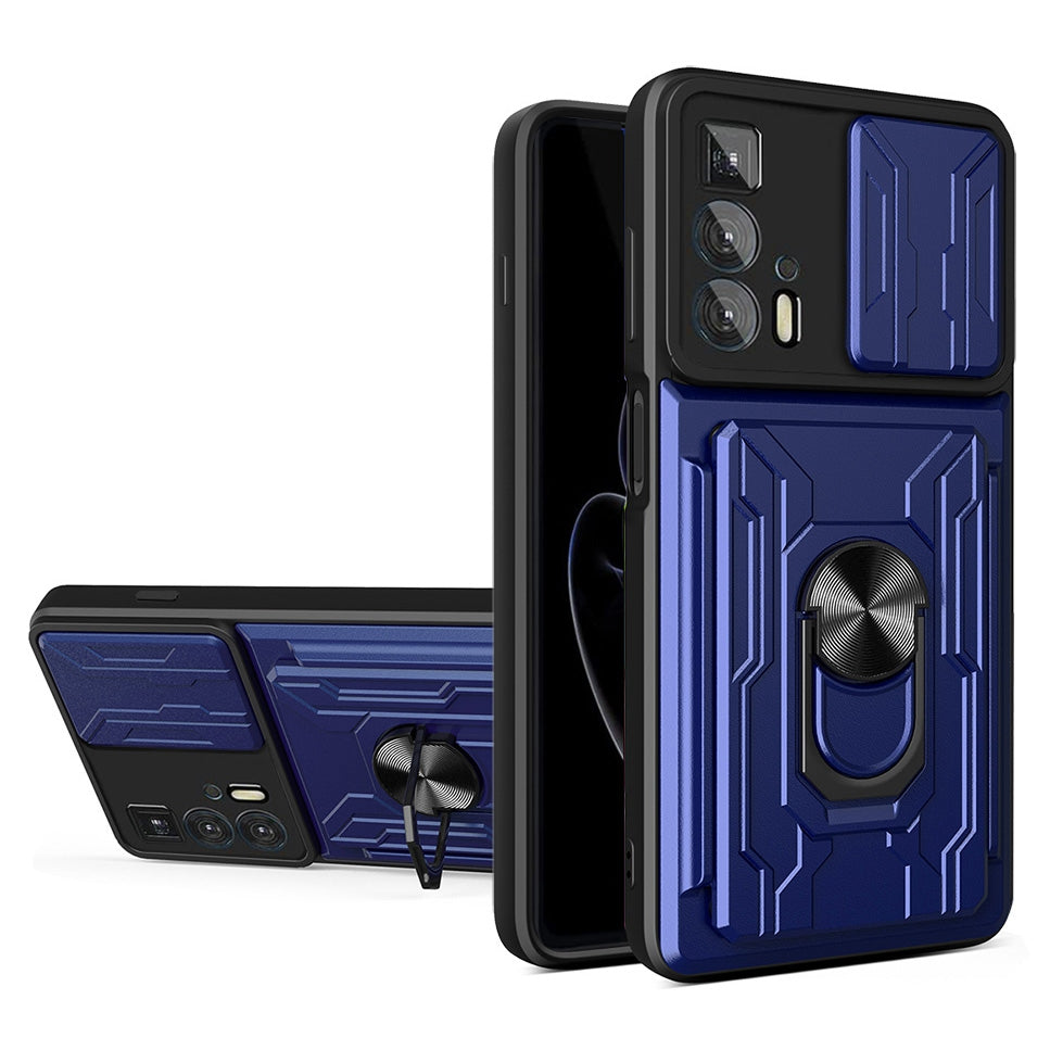 PC + TPU Case for Motorola Edge 20 Pro, Card Holder Ring Kickstand Shockproof Phone Cover with Slide Camera Protection