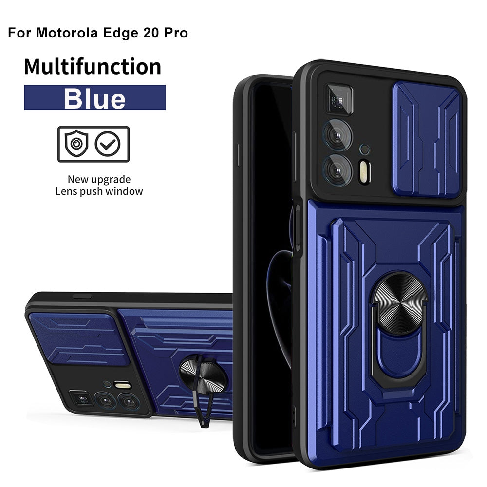 PC + TPU Case for Motorola Edge 20 Pro, Card Holder Ring Kickstand Shockproof Phone Cover with Slide Camera Protection